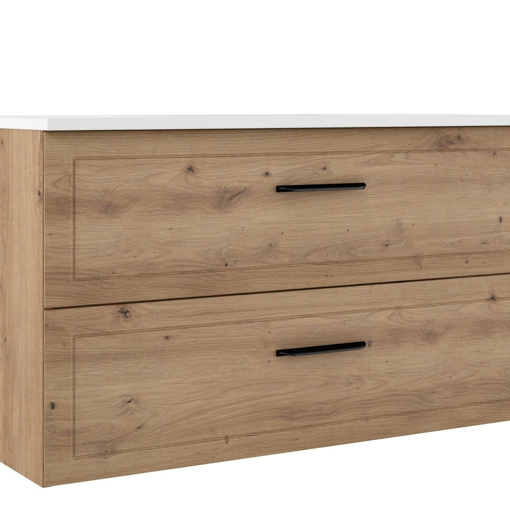 40" Natural Wood Freestanding Bathroom Vanity With White Sink And Two Drawers