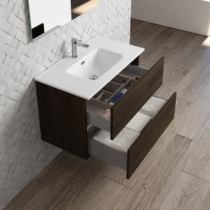32" Dark Brown Wood Freestanding Bathroom Vanity With White Sink And Two Drawers