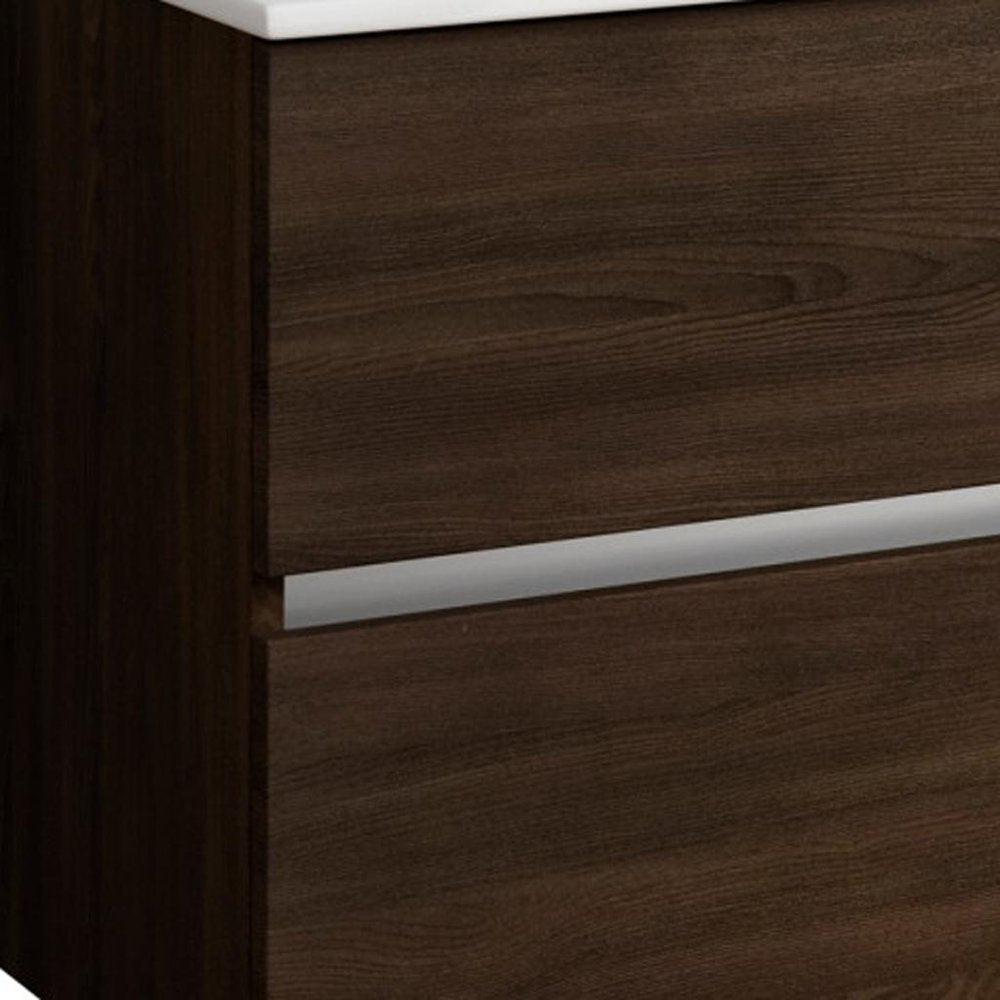 32" Dark Brown Wood Freestanding Bathroom Vanity With White Sink And Two Drawers