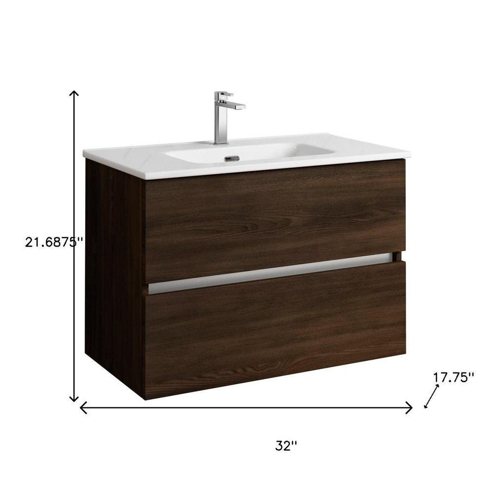 32" Dark Brown Wood Freestanding Bathroom Vanity With White Sink And Two Drawers