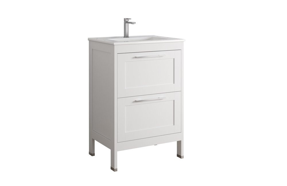 24" White Wood Freestanding Bathroom Vanity With White Sink And Two Drawers