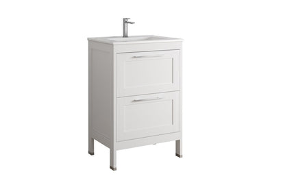 24" White Wood Freestanding Bathroom Vanity With White Sink And Two Drawers
