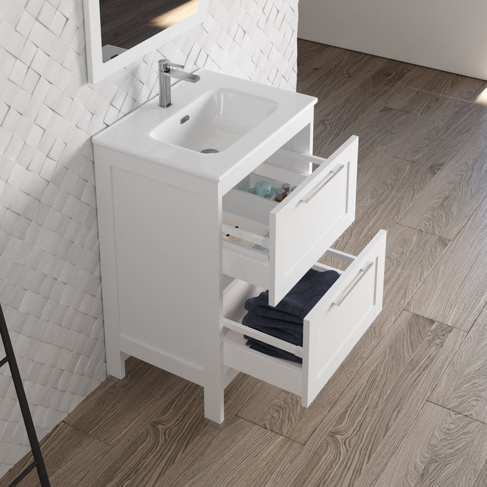 24" White Wood Freestanding Bathroom Vanity With White Sink And Two Drawers
