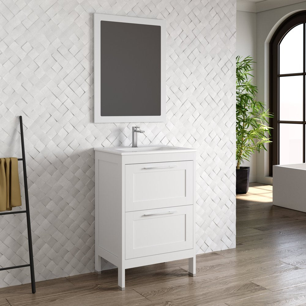 24" White Wood Freestanding Bathroom Vanity With White Sink And Two Drawers