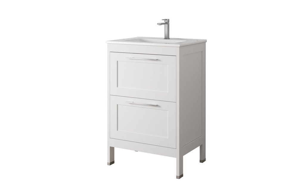 24" White Wood Freestanding Bathroom Vanity With White Sink And Two Drawers