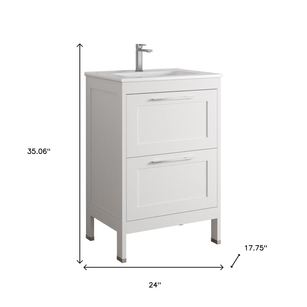 24" White Wood Freestanding Bathroom Vanity With White Sink And Two Drawers