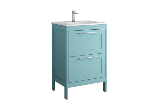 24" Blue Wood Freestanding Bathroom Vanity With White Sink And Two Drawers