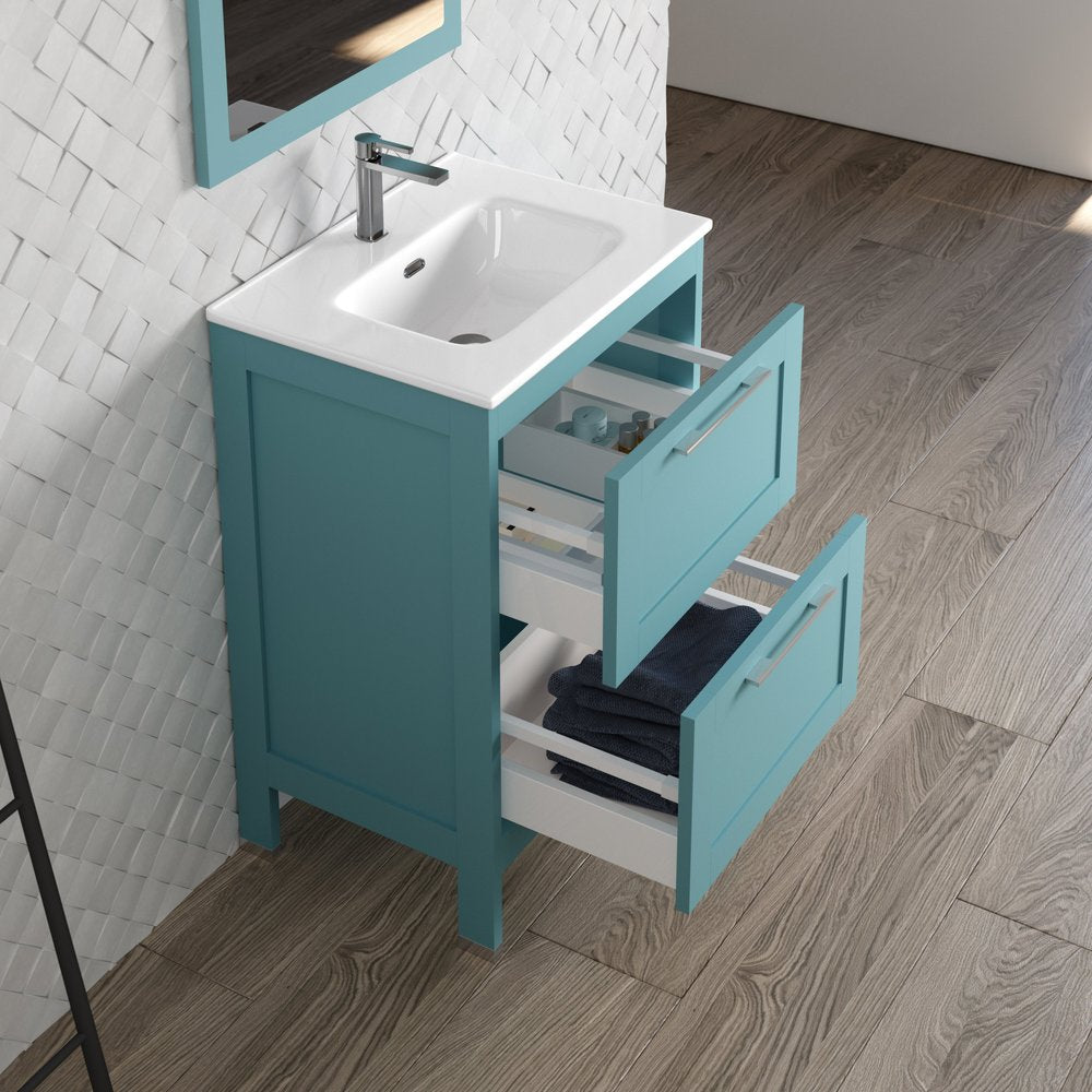 24" Blue Wood Freestanding Bathroom Vanity With White Sink And Two Drawers