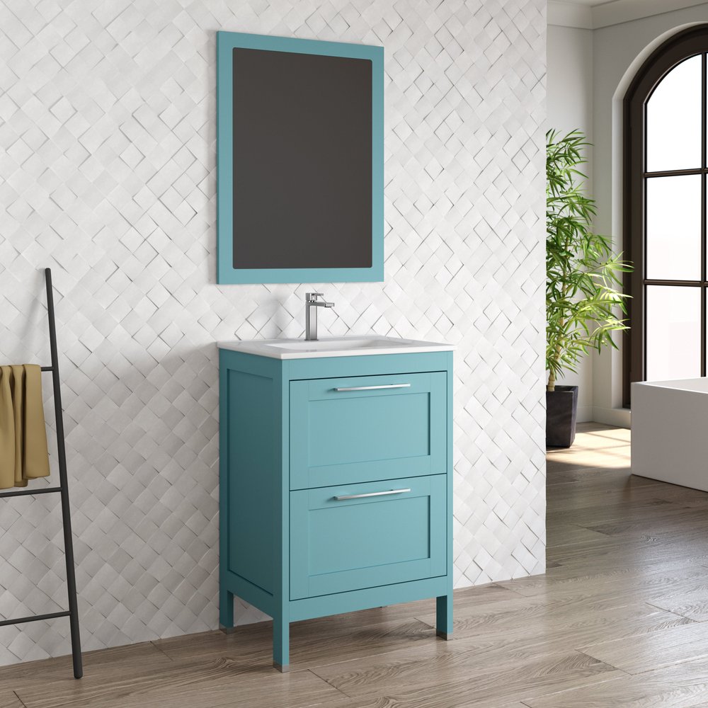 24" Blue Wood Freestanding Bathroom Vanity With White Sink And Two Drawers