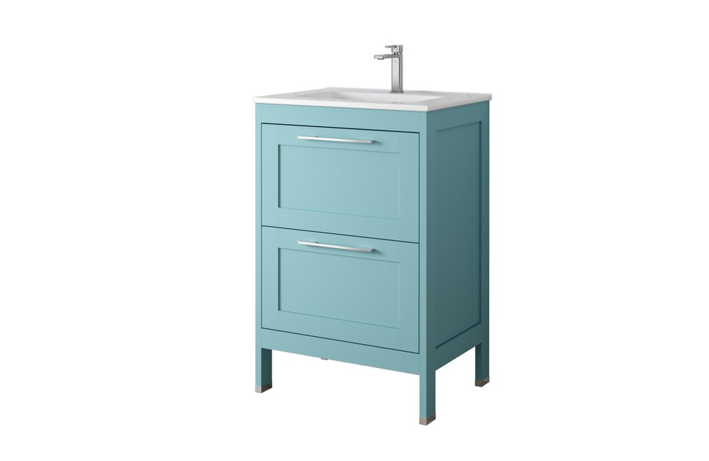 24" Blue Wood Freestanding Bathroom Vanity With White Sink And Two Drawers