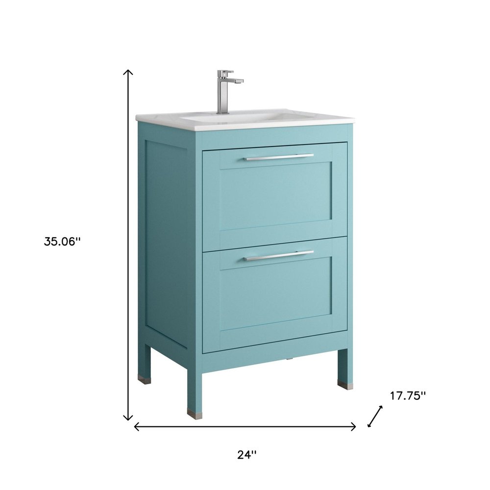 24" Blue Wood Freestanding Bathroom Vanity With White Sink And Two Drawers