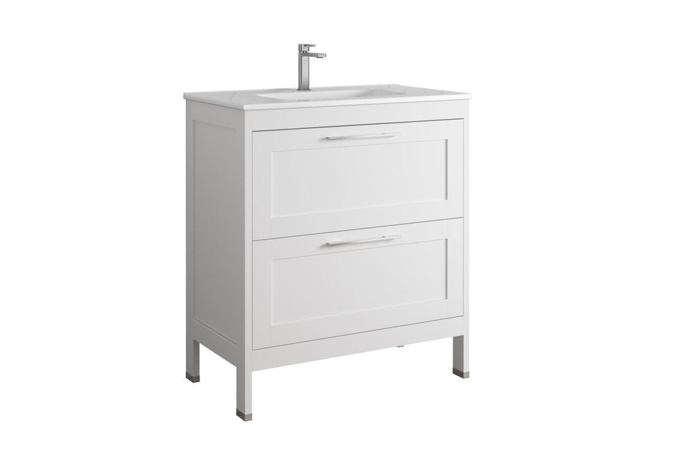 32" White Wood Freestanding Bathroom Vanity With White Sink And Two Drawers