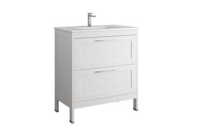 32" White Wood Freestanding Bathroom Vanity With White Sink And Two Drawers
