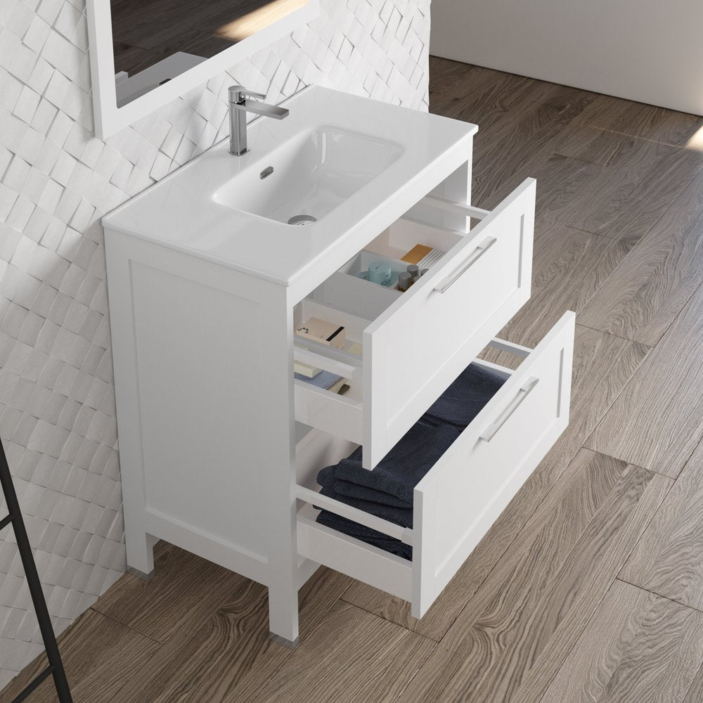 32" White Wood Freestanding Bathroom Vanity With White Sink And Two Drawers