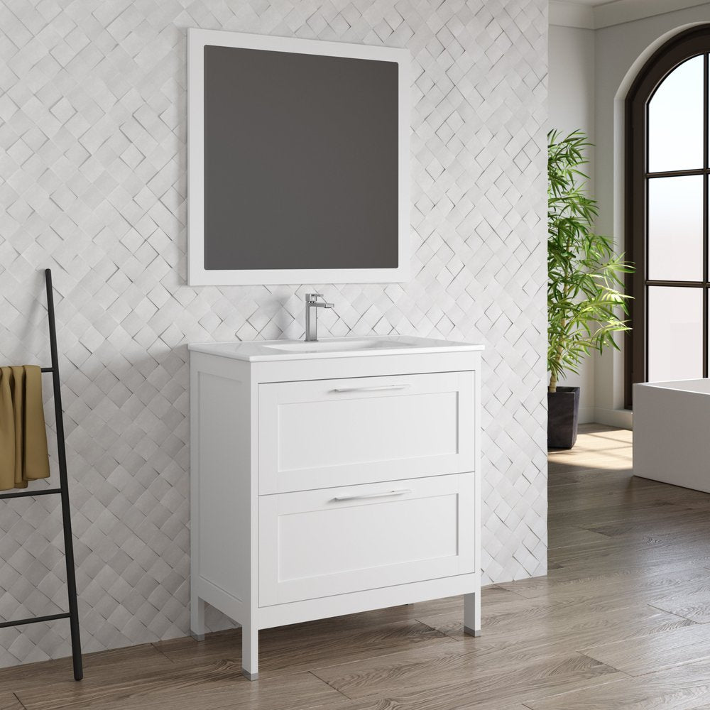 32" White Wood Freestanding Bathroom Vanity With White Sink And Two Drawers