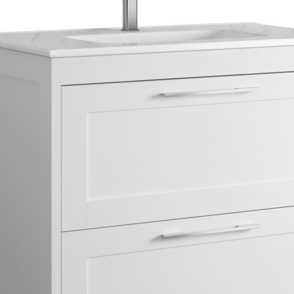 32" White Wood Freestanding Bathroom Vanity With White Sink And Two Drawers