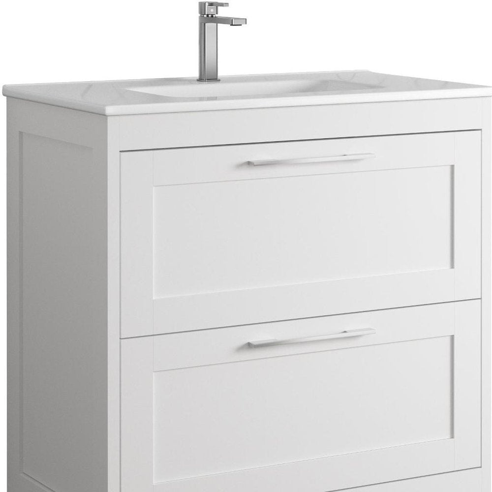 32" White Wood Freestanding Bathroom Vanity With White Sink And Two Drawers