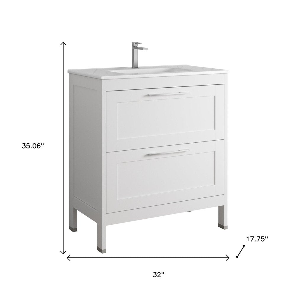 32" White Wood Freestanding Bathroom Vanity With White Sink And Two Drawers
