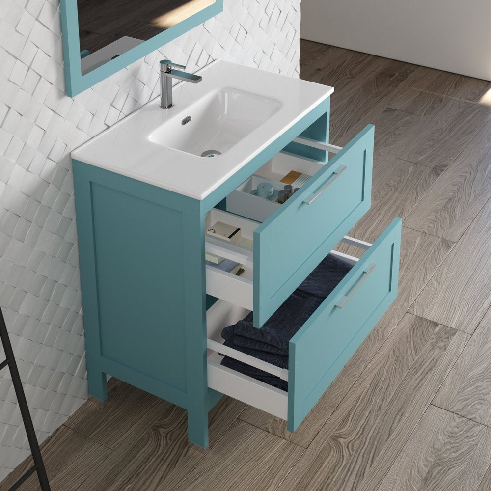 32" Blue Wood Freestanding Bathroom Vanity With White Sink And Two Drawers