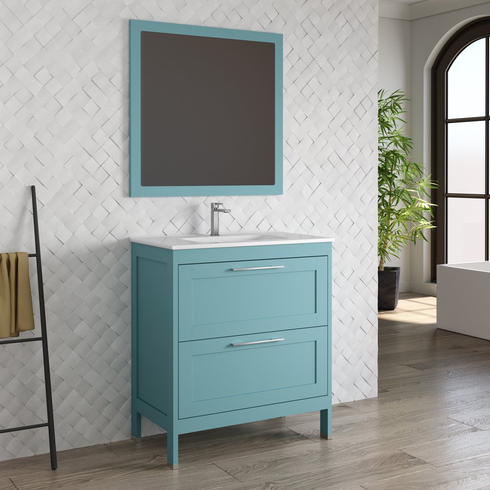 32" Blue Wood Freestanding Bathroom Vanity With White Sink And Two Drawers
