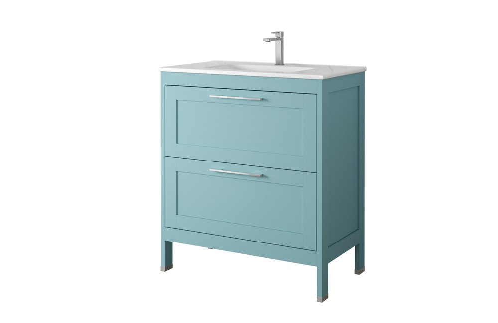 32" Blue Wood Freestanding Bathroom Vanity With White Sink And Two Drawers