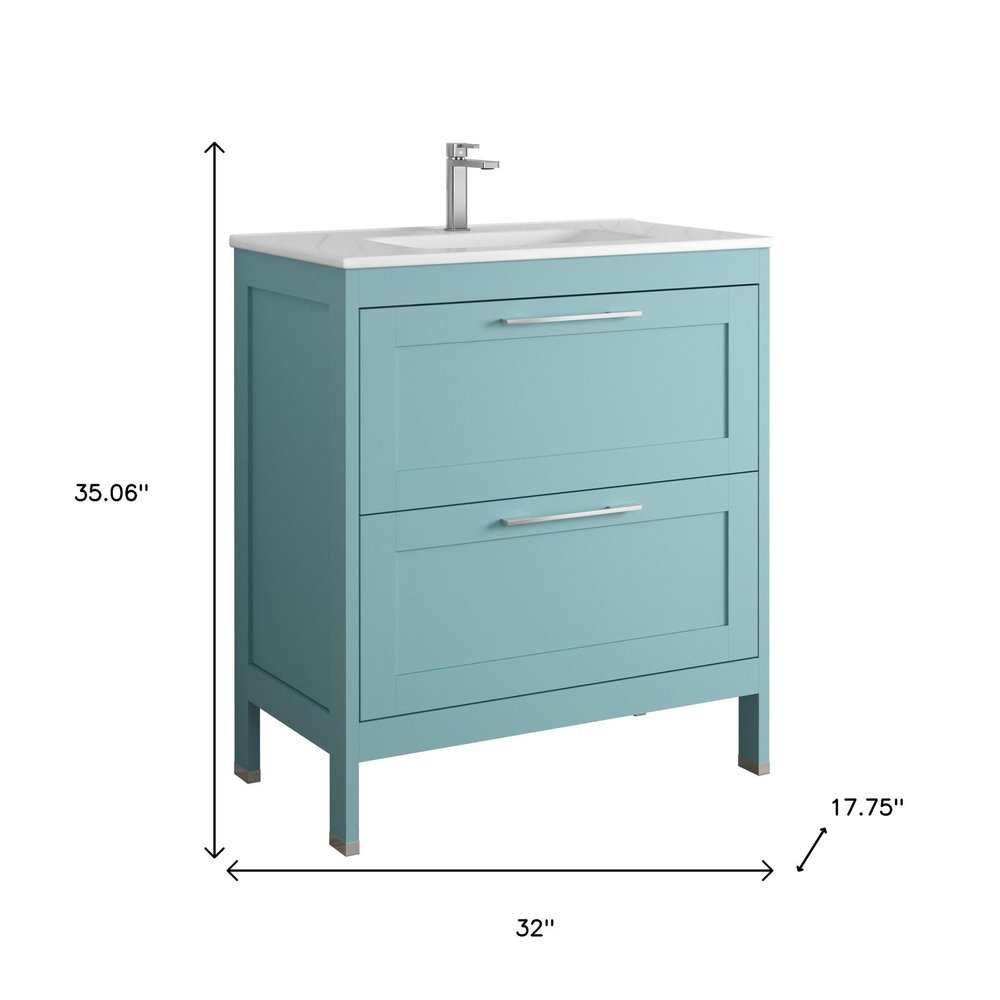 32" Blue Wood Freestanding Bathroom Vanity With White Sink And Two Drawers