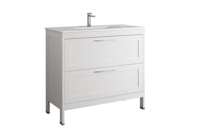 40" White Wood Freestanding Bathroom Vanity With White Sink And Two Drawers