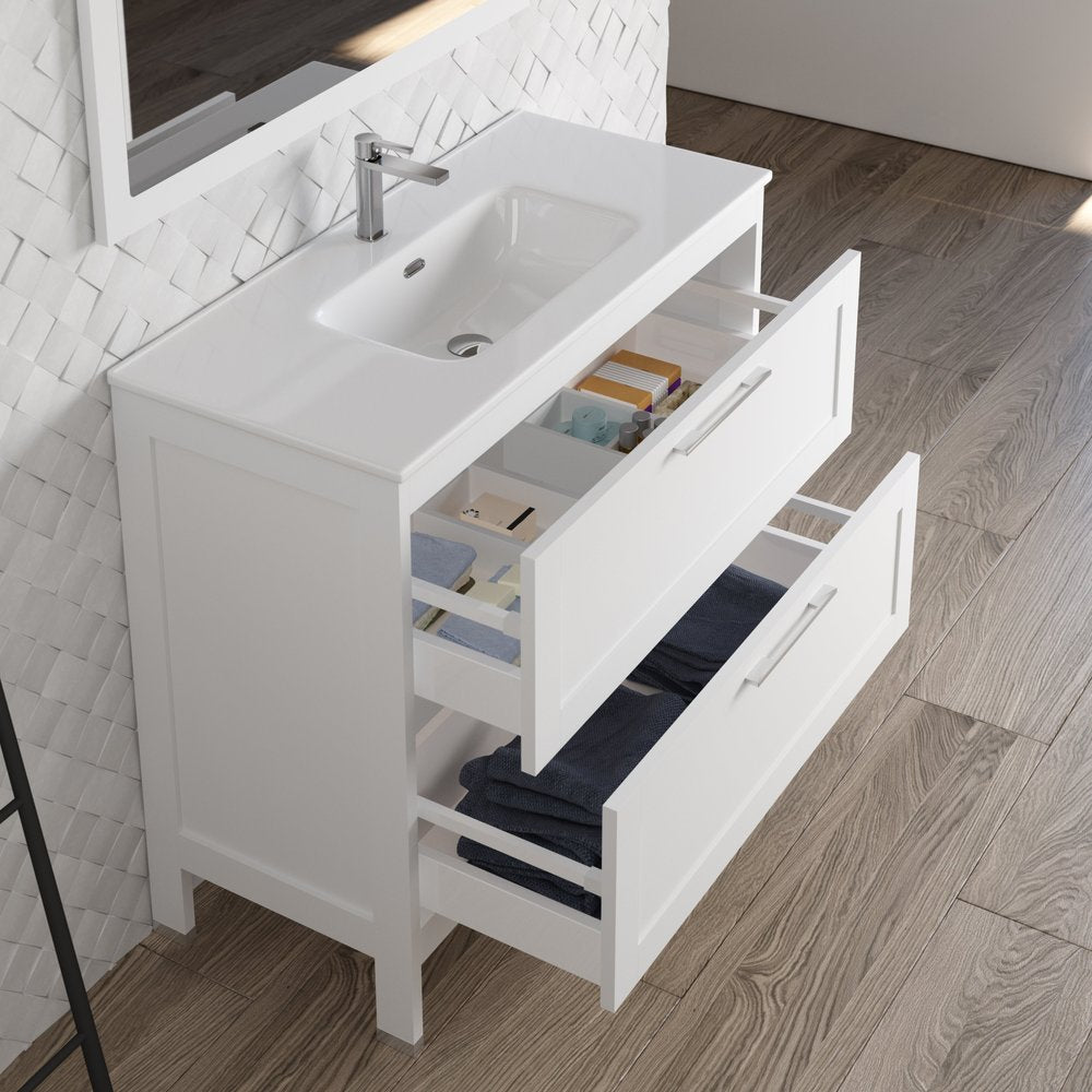 40" White Wood Freestanding Bathroom Vanity With White Sink And Two Drawers