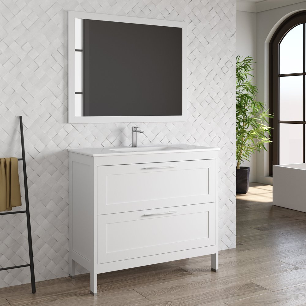 40" White Wood Freestanding Bathroom Vanity With White Sink And Two Drawers