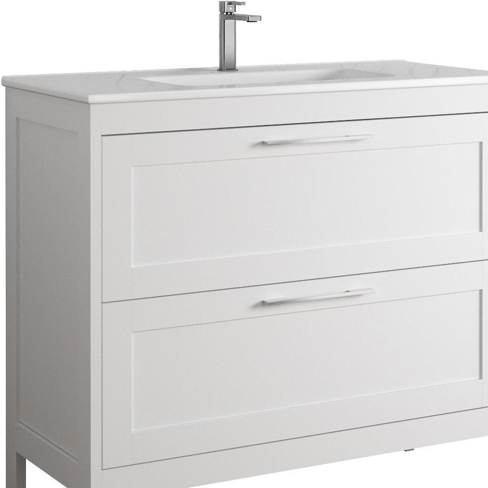 40" White Wood Freestanding Bathroom Vanity With White Sink And Two Drawers