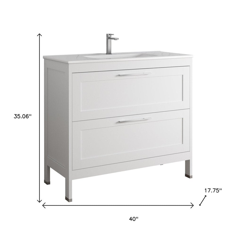 40" White Wood Freestanding Bathroom Vanity With White Sink And Two Drawers