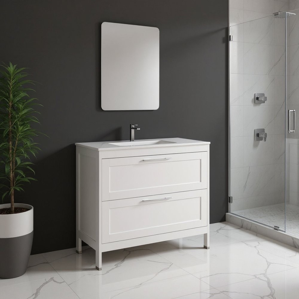 40" White Wood Freestanding Bathroom Vanity With White Sink And Two Drawers