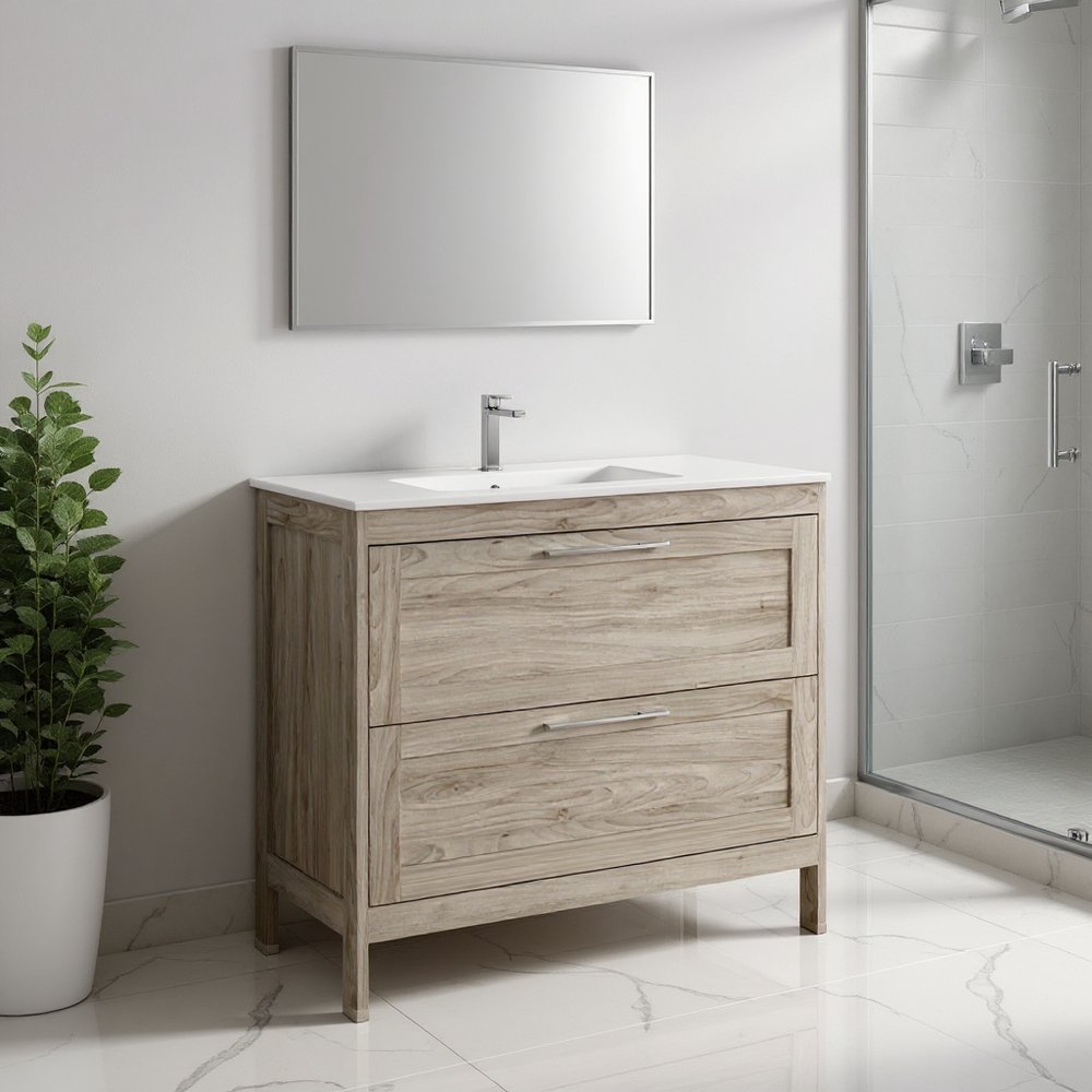 40" Natural Wood Freestanding Bathroom Vanity With White Sink And Two Drawers