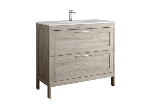 40" Natural Wood Freestanding Bathroom Vanity With White Sink And Two Drawers