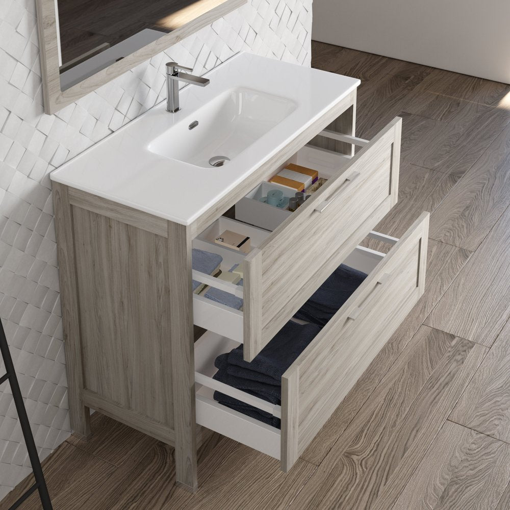 40" Natural Wood Freestanding Bathroom Vanity With White Sink And Two Drawers