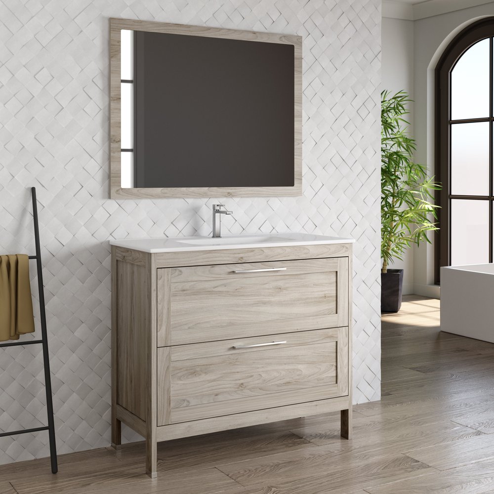 40" Natural Wood Freestanding Bathroom Vanity With White Sink And Two Drawers