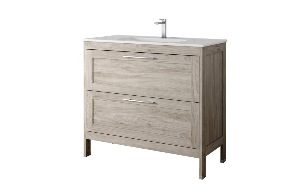 40" Natural Wood Freestanding Bathroom Vanity With White Sink And Two Drawers