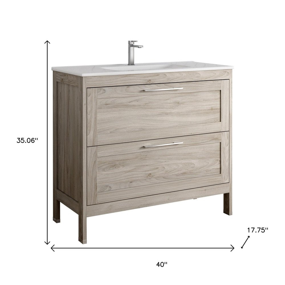 40" Natural Wood Freestanding Bathroom Vanity With White Sink And Two Drawers