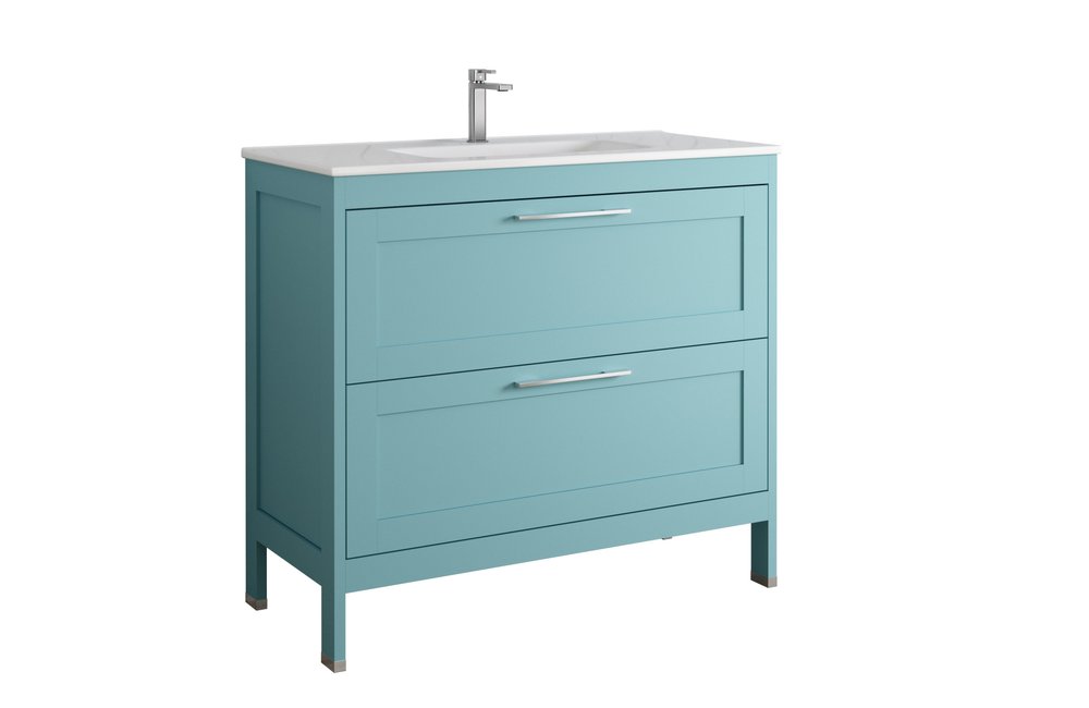 40" Blue Wood Freestanding Bathroom Vanity With White Sink And Two Drawers