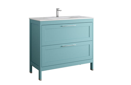 40" Blue Wood Freestanding Bathroom Vanity With White Sink And Two Drawers