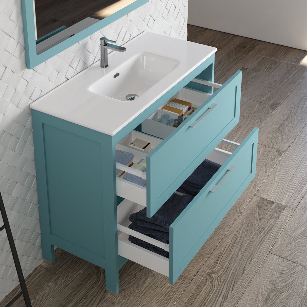 40" Blue Wood Freestanding Bathroom Vanity With White Sink And Two Drawers