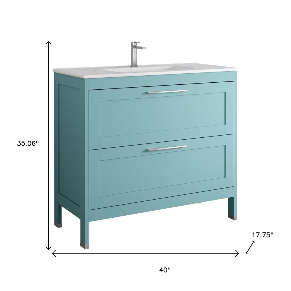 40" Blue Wood Freestanding Bathroom Vanity With White Sink And Two Drawers