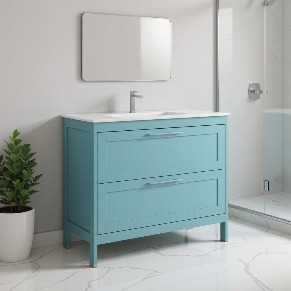 40" Blue Wood Freestanding Bathroom Vanity With White Sink And Two Drawers