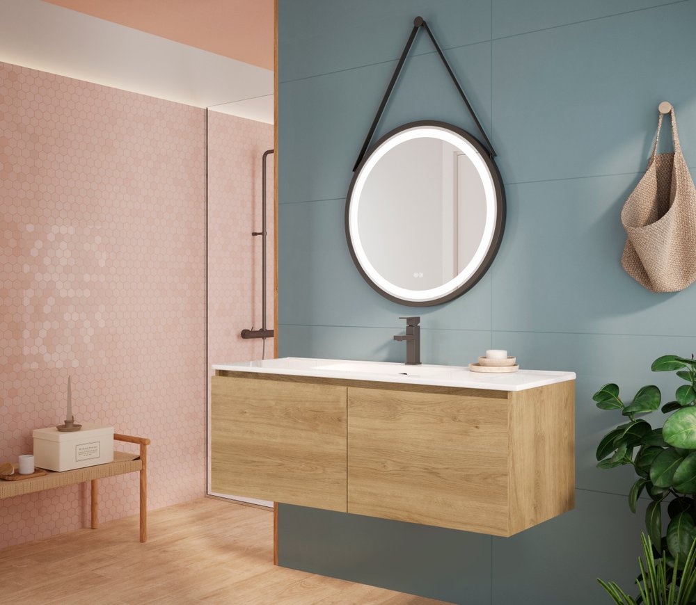 48" Oak Wood Freestanding Bathroom Vanity With White Sink And Two Drawers