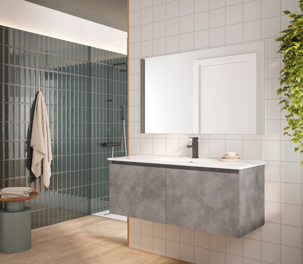 48" Gray Wood Freestanding Bathroom Vanity With White Sink And Two Drawers