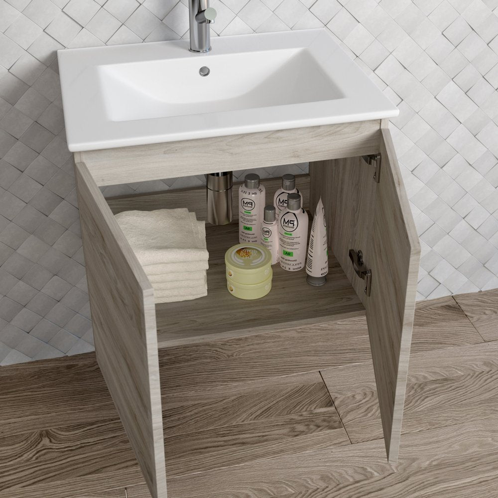 24" Natural Wood Freestanding Bathroom Vanity With White Sink And Two Drawers