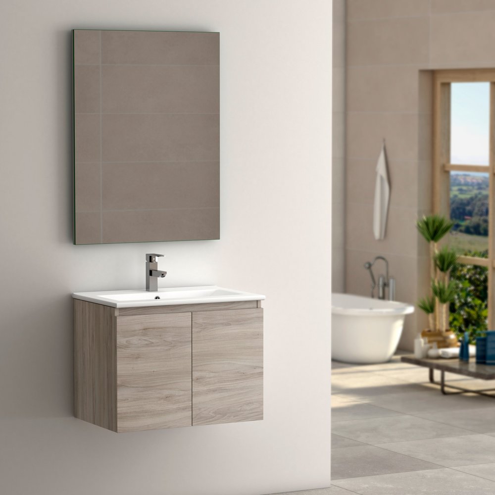 24" Natural Wood Freestanding Bathroom Vanity With White Sink And Two Drawers