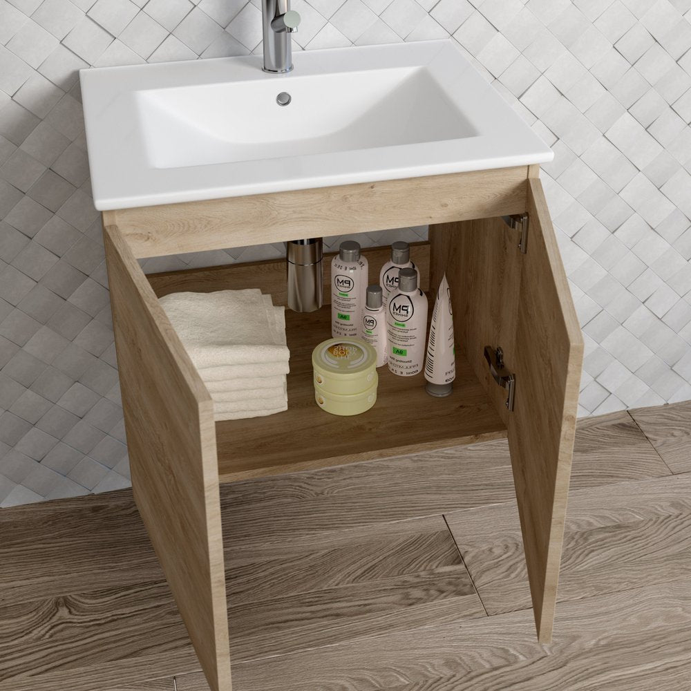 24" Oak Wood Freestanding Bathroom Vanity With White Sink And Two Drawers