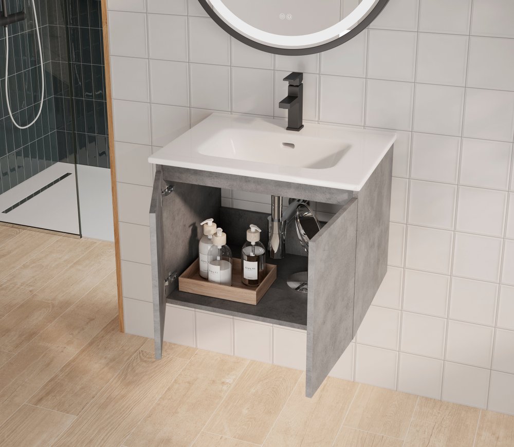 24" Gray Wood Freestanding Bathroom Vanity With White Sink And Two Drawers
