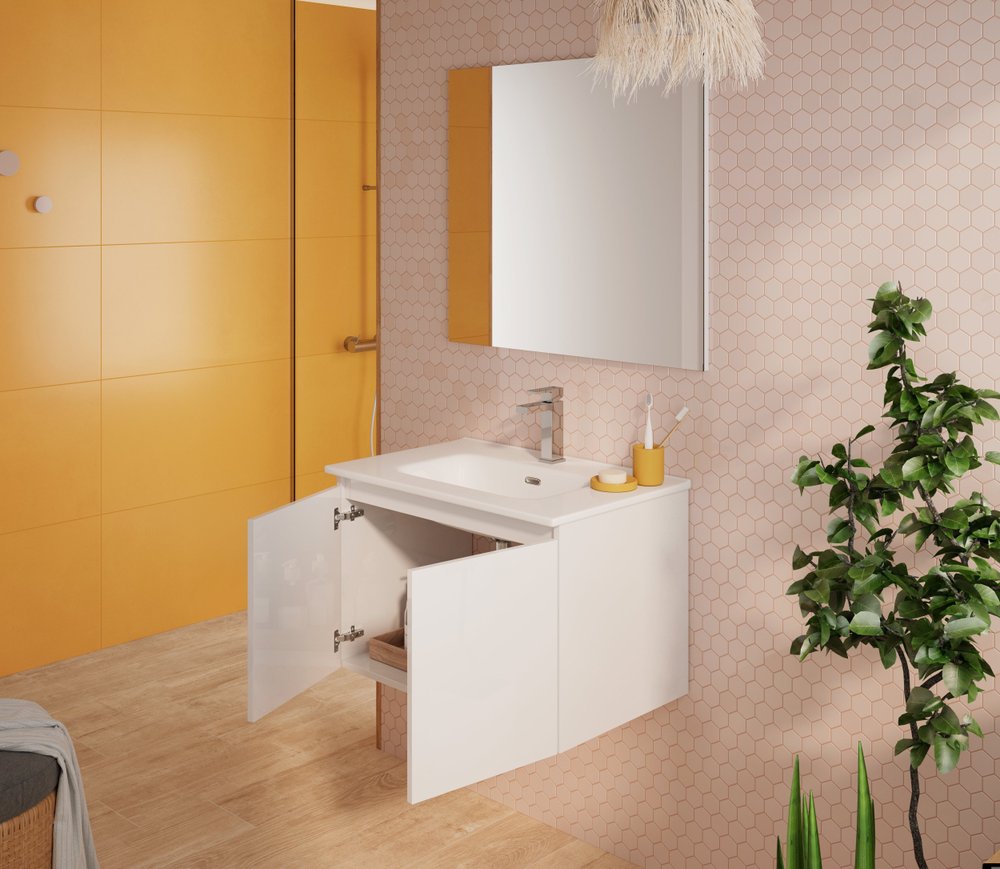 28" White Wood Freestanding Bathroom Vanity With White Sink And Two Drawers